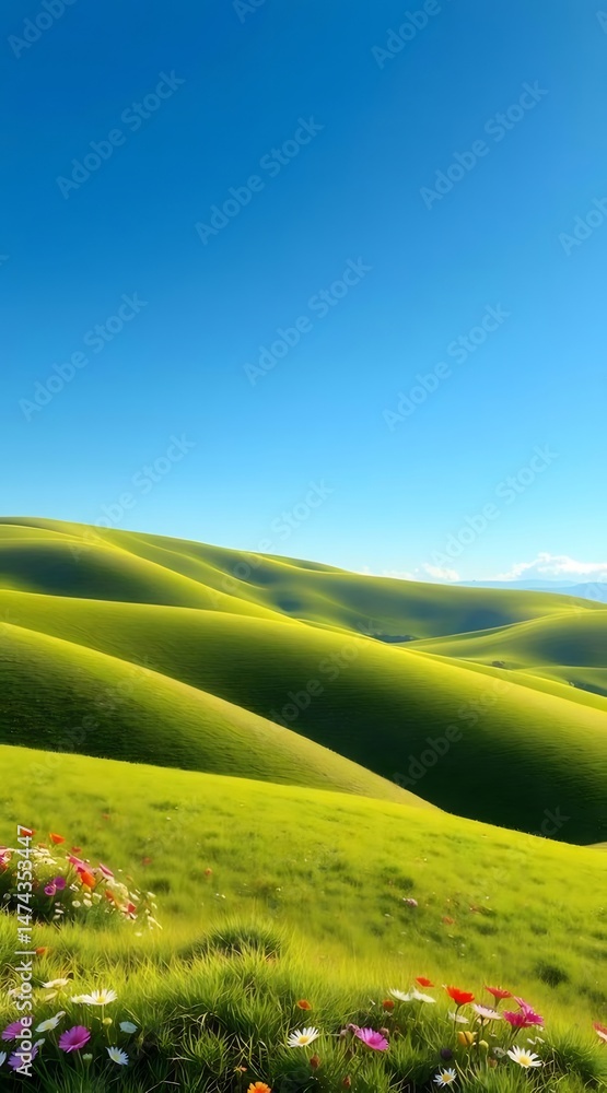 Poster 青い空の下の緑の丘の風景 美しい夏の日 自然の牧草地とカラフルな花 前景の草 旅行や休暇に最適な穏やかな景色
