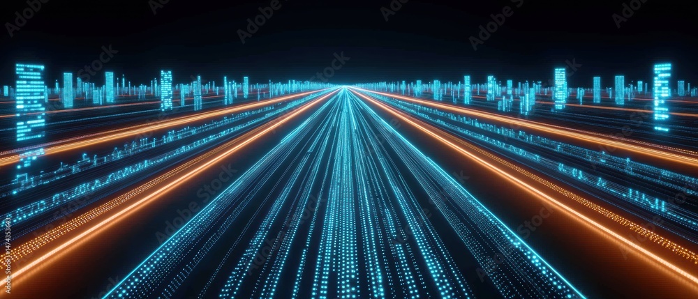 Poster a futuristic digital highway with glowing blue and orange lines representing fast data transfer in a