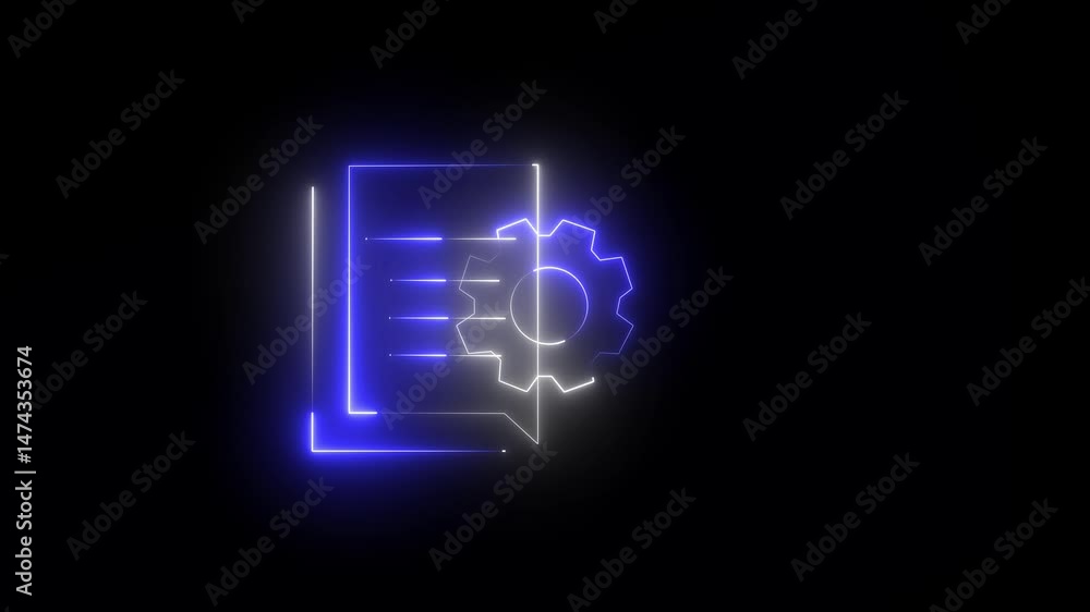 Poster glowing man and setting neon line icon isolated and blue color with black background. business analy