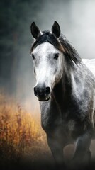 Obraz premium Majestic gray horse standing calmly in a misty forest with autumn foliage during late afternoon sunlight