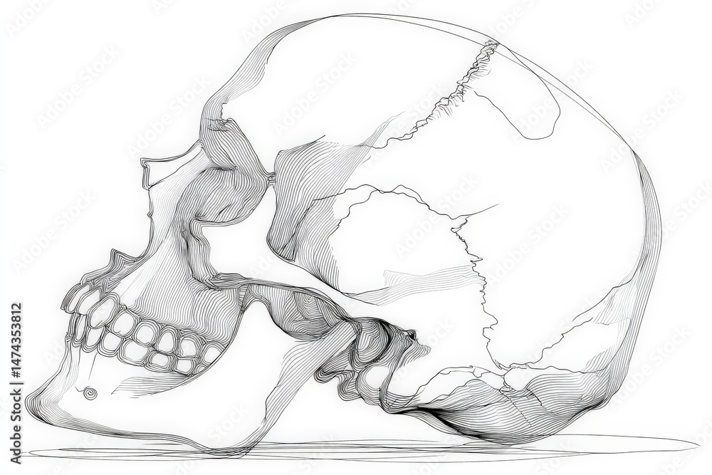 Poster detailed pencil sketch of a human skull showcasing intricate features and textures in a side profile