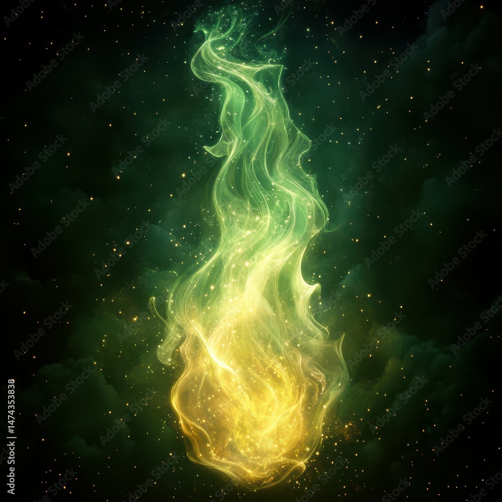 Poster dynamic swirling green and gold flames against a dark starry background create a mesmerizing visual 
