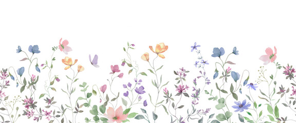 Watercolor seamless border with colorful wildflowers. Hand drawn illustration. For greeting cards, invitations. Vector EPS. © Alla