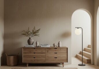 Neutral interior with oak dresser, vases, and a floor lamp near an arched doorway leading to a staircase