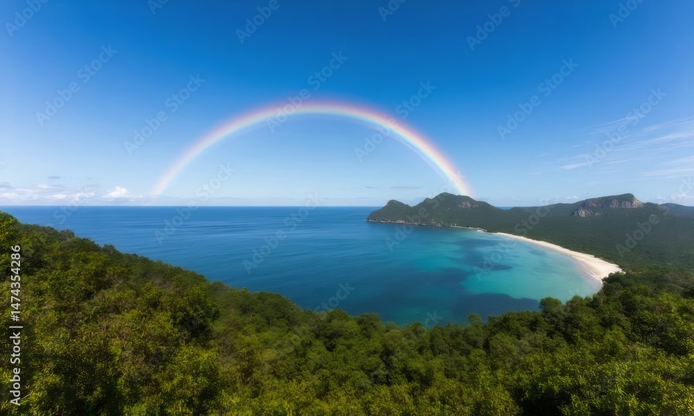 Aufkleber 緑豊かな島々と青い海の上の鮮やかな虹 熱帯地方の海岸線の自然な美しさ 明るい空の下で静けさの瞬間をとらえた風景写真