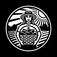 Farmer girl with a basket of vegetables on a dark background.