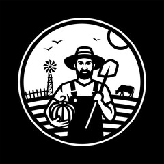 Farmer with a shovel and a pumpkin in his hands against the background of a farm on a dark background.