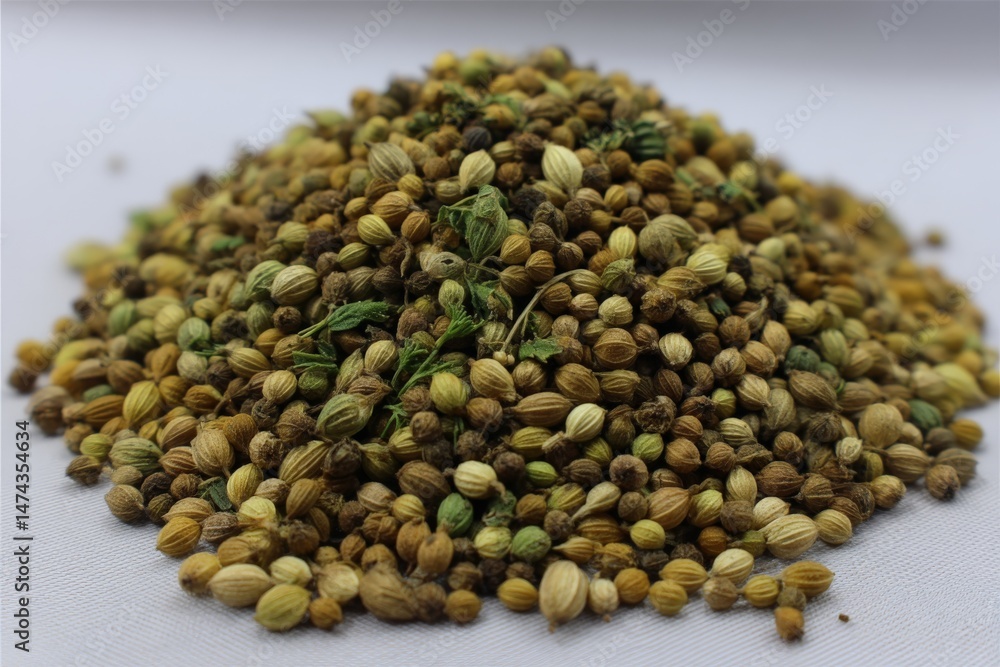 Poster Blend of assorted spices piled high on a white background showcasing color diversity and texture at close range