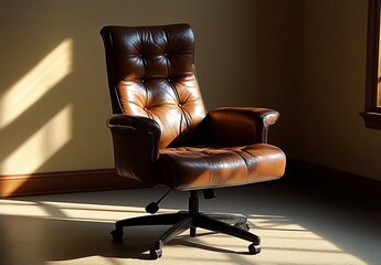 Brown tufted leather office chair in sunlit room with carpet.