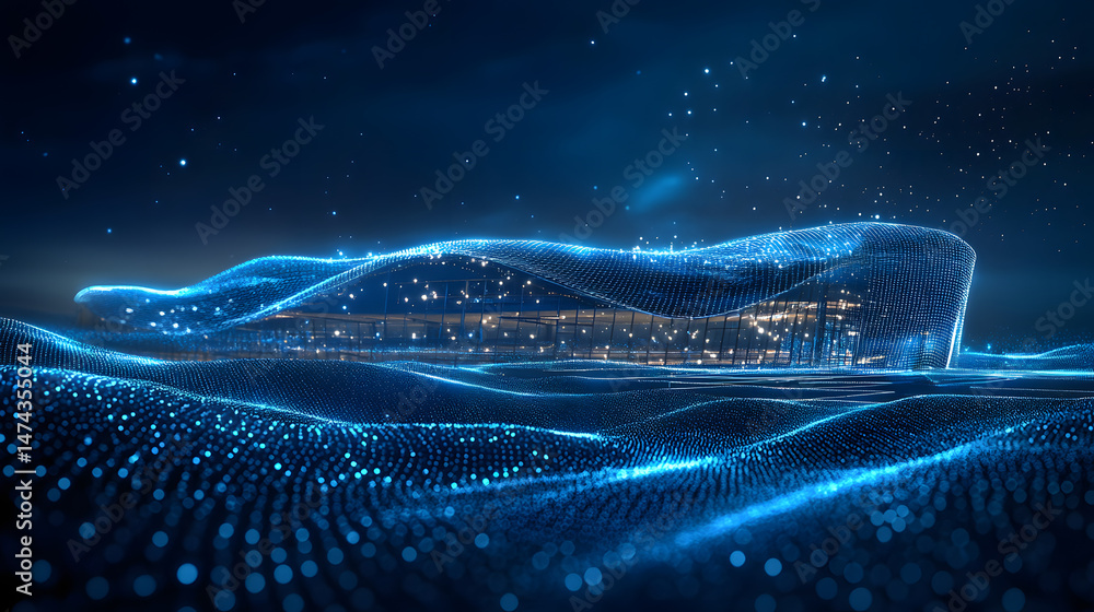 Fototapete Futuristic blue digital landscape with glowing dots and a modern building obscured by a translucent grid. A serene, sophisticated representation of technology. Abstract wireframe in dark blue.