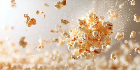 Popcorn kernels burst into fluffy pieces, capturing the excitement of movie time in a bright and airy environment