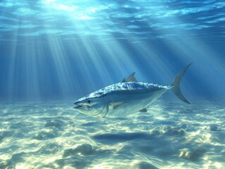 Fototapeta premium Tuna fish swimming underwater in ocean with sun rays shining through water surface marine life