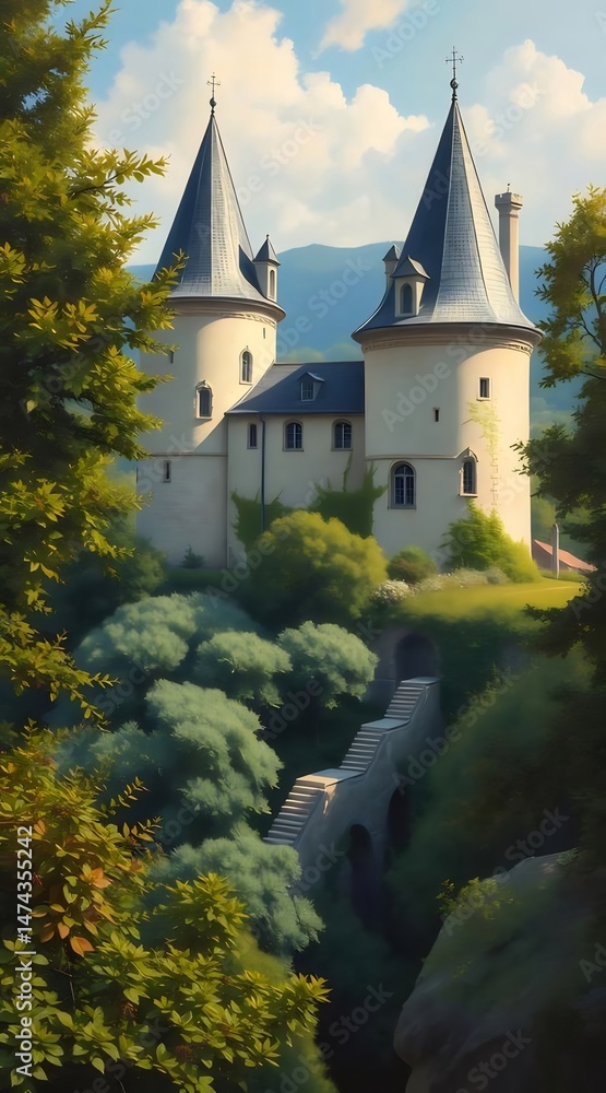 Poster 緑豊かな木々に囲まれた石造りの橋と塔のあるクリーム色の城のあるフランスの風景