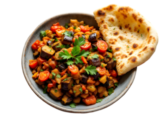 Delicious Eggplant and Chickpea Curry Dish with Naan Bread Warm Spices Aromatic Flavors Indian Cuisine Homemade Recipe Tasty Vegetarian Food          