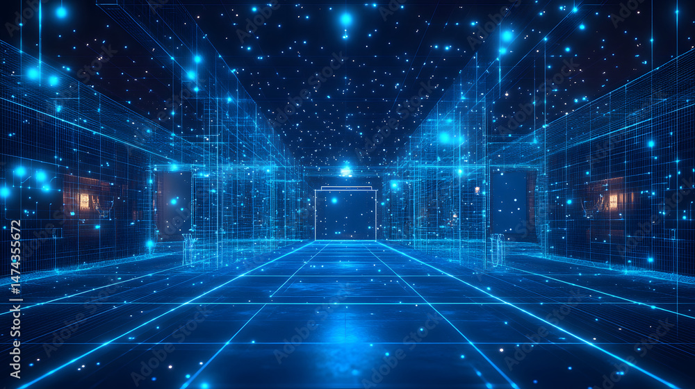 Poster Step into a luminous, digital realm of glowing orbs and grid structures. This immersive virtual corridor offers a sense of depth and futuristic allure. Abstract wireframe in dark blue