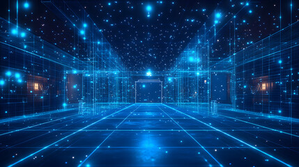 Step into a luminous, digital realm of glowing orbs and grid structures. This immersive virtual corridor offers a sense of depth and futuristic allure. Abstract wireframe in dark blue
