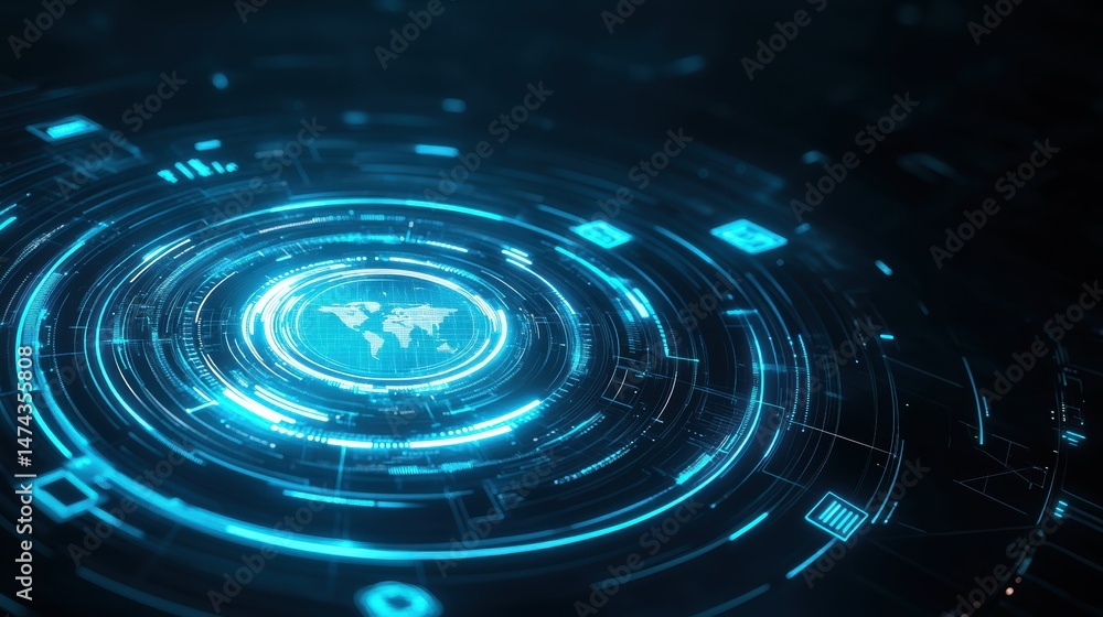 Aufkleber futuristic digital interface with glowing blue circular graphics and a world map at the center, repr