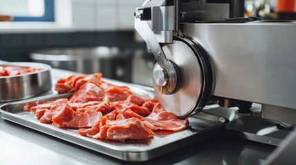 Stainless steel meat slicer with freshly cut beef slices neatly arranged on a tray in a clean processing facility