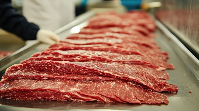 Stainless steel meat slicer with freshly cut beef slices neatly arranged on a tray in a clean processing facility