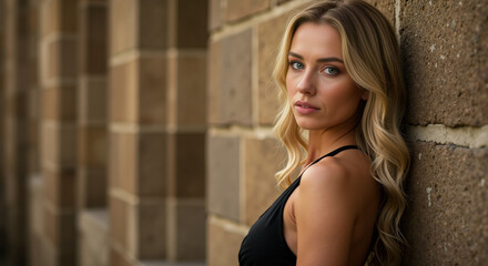 Fototapeta premium Woman with wavy blonde hair leaning against stone wall in black halter top. Historic architecture backdrop creates elegant atmosphere for fashion portraits and luxury lifestyle promotions