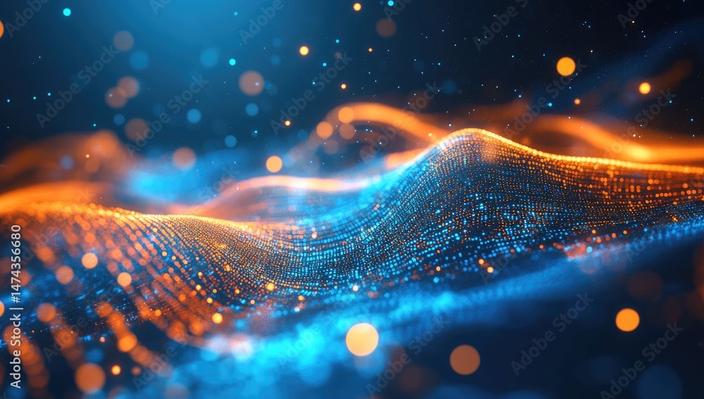 Poster dynamic abstract waves of light. intertwined glowing particles of blue and orange create a mesmerizi
