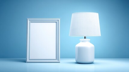 Minimalist scene with a blank picture frame and a white table lamp against a blue background.
