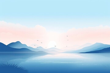Obraz premium Landscape illustration of blue mountains reflected in water under a sky with clouds and a sun, also featuring birds and grass.