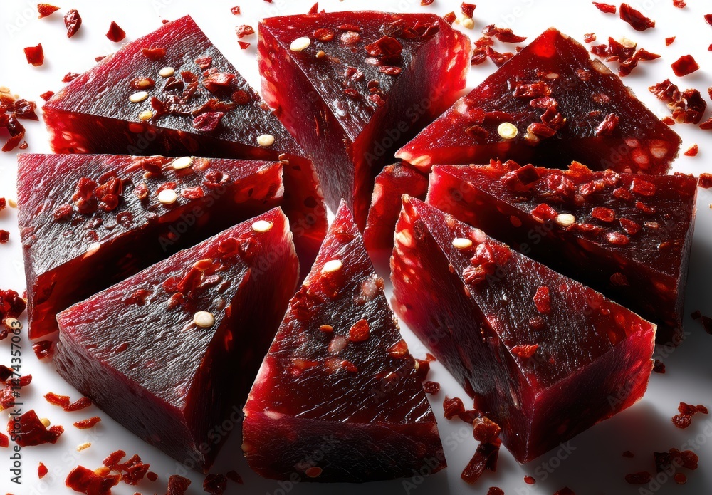 Poster vibrant red jelly dessert arranged in triangular slices on a white background with scattered dried f