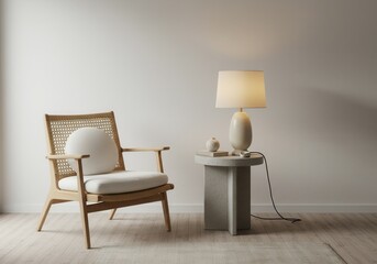 Interior scene with a rattan chair and a table lamp against a neutral wall, showcasing modern design