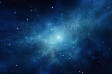 Deep blue space filled with a central nebula and scattered bright stars. Light emanates outwards from the center.