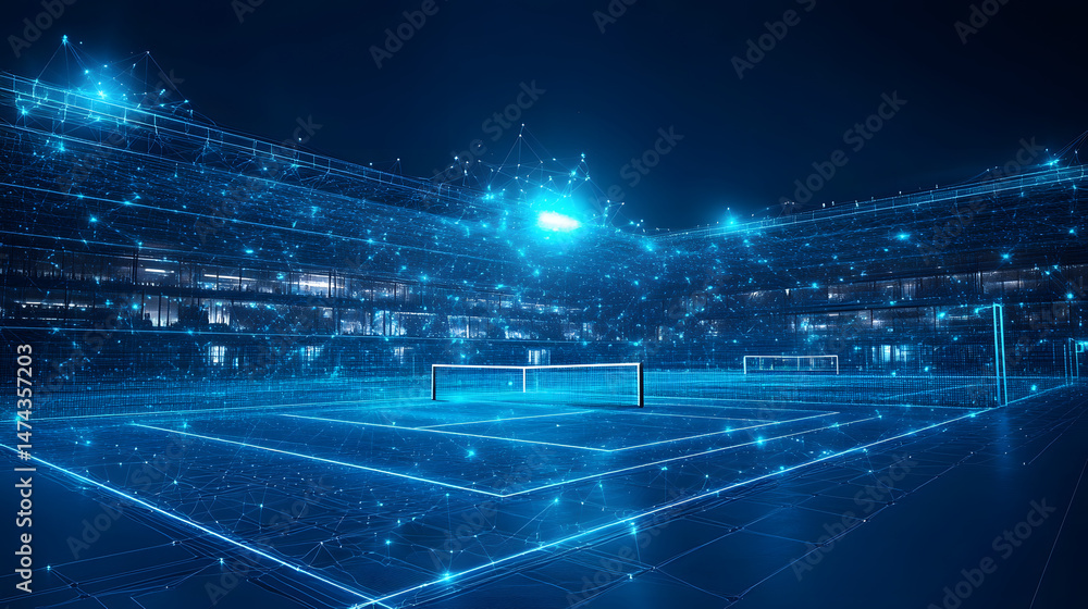 Aufkleber futuristic tennis court visualization, glowing blue lines form the stadium and net. evokes a sense o