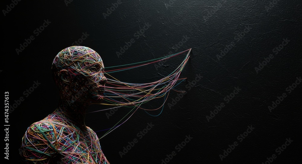 Wall mural abstract digital depiction of a figure wrapped in colorful threads.