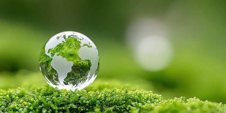 Glass globe, Crystal globe on green moss in forest to protect nature, Eco-friendly esg conservation care for the earth for sustainability keep the earth clean and ecology. Earth Day, Environmental