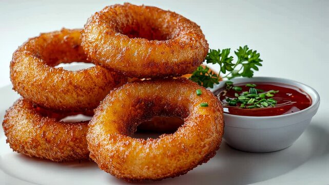 A stack of crispy onion rings served with a side of dipping sauce, garnished with chives and fresh herbs on a white plate
