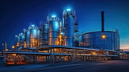 Obraz premium Industrial refinery plant at dusk with metal tanks, pipelines, and bright lights.