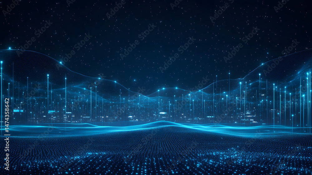 Poster futuristic abstract landscape showcasing a digital city with glowing blue grids, skyscrapers, and da