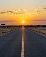 Fototapeta premium Straight asphalt road leading to the horizon at sunset in Namibia Africa eye level view travel destination adventure