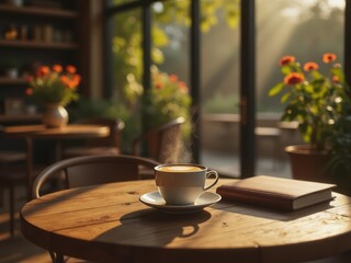 Steaming cup of cappuccino on a wooden table next to a book in cafe with plants. Coffee preparation and relaxation concept. Cozy atmosphere.