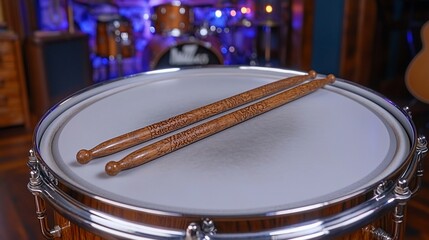 Obraz premium Wooden drumsticks resting on a drum