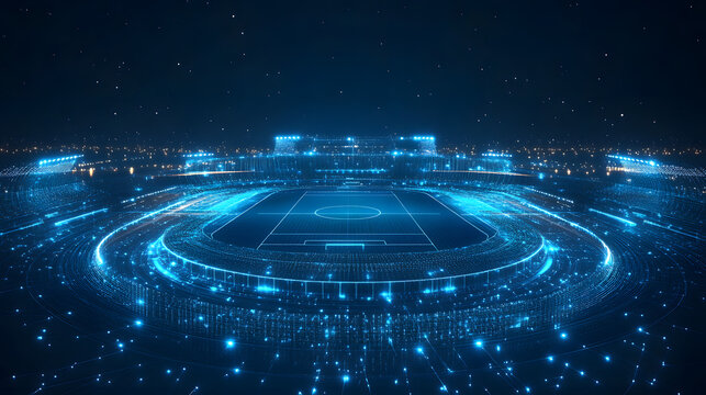 Fototapeta Futuristic soccer stadium at night, rendered in a digital style with glowing blue lights outlining the structure. A neon-lit soccer field and stadium seating stand out. Abstract wireframe in dark blue