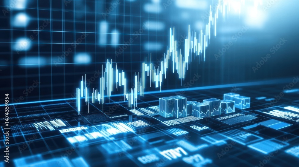 Poster a digital graph displays stock market data and financial analytics with glowing blue lines and bar c