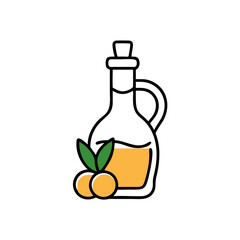 Black outline olive oil bottle with olives in cartoon flat style