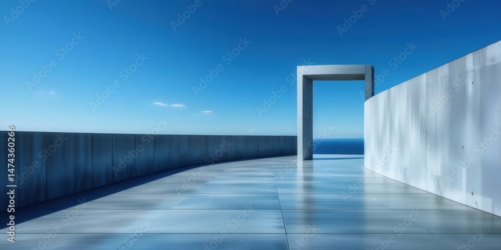 Poster 晴れた日のミニマルな青い空と海の眺めを持つ現代的な建築構造のミニマリズム