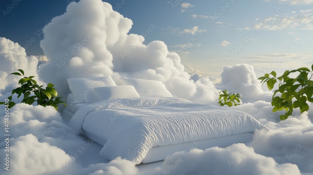 Poster light and airy bed in the middle of a soft cloudy sky, serene and dream-inspired restful atmosphere