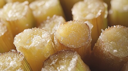 Close-up of cut sugarcane stalks, revealing sweet, juicy interior