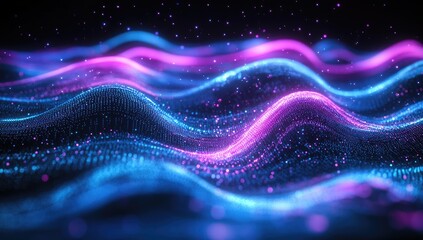 Obraz premium Abstract digital wave forms of vibrant, glowing particles. Dynamic, flowing patterns of light