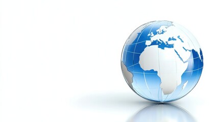 Fototapeta premium A glossy blue and white globe showing Africa, Europe, and Asia on a white background with a faint reflection.