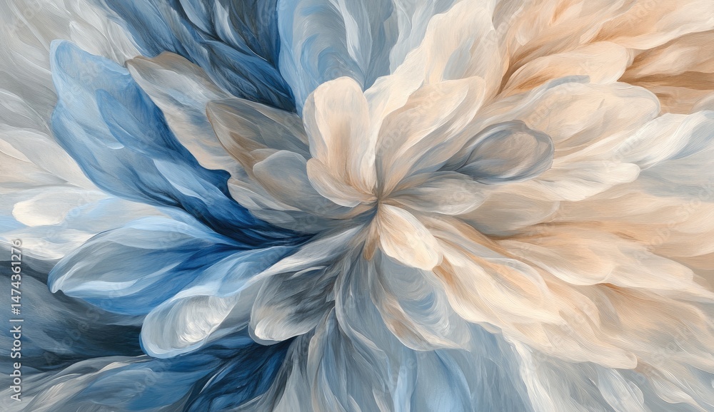 Poster abstract floral explosion of soft, flowing shapes in muted blue and beige tones. intricate, swirling