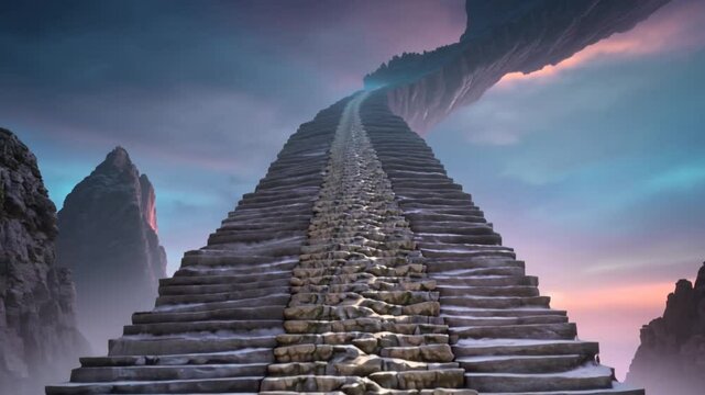 Escalier monumental menant aux cieux dans un paysage fantastique