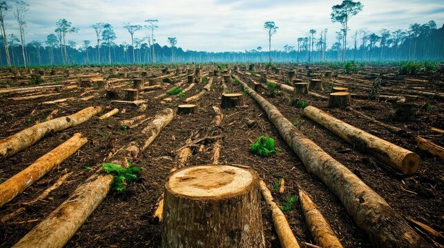 Forest clearing with tree stumps and felled logs scattered across the land